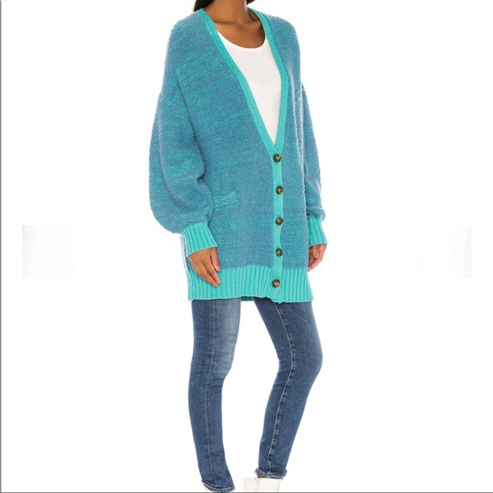 Free People Snow Drop Cardigan Slouchy Oversized Grandpa Sweater Size M Blue - Picture 2 of 15